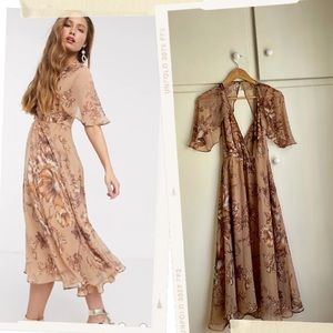 Floral Drape Sleeve Midi Dress